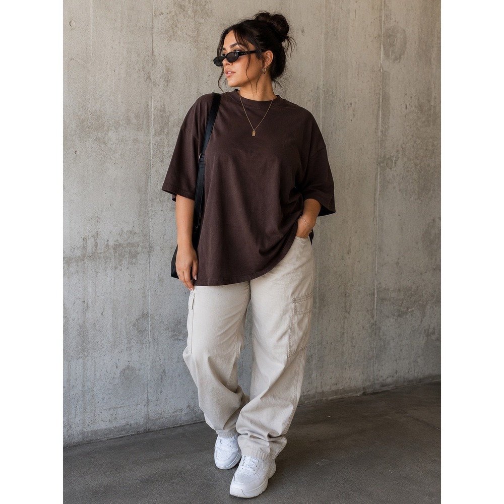 Foxy Kind Oversized Boyfriend Ribbed Tee Brown Short Sleeve Crew Neck Top S/M
